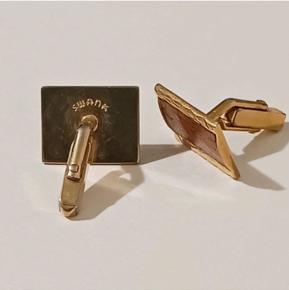 VTG Swank Gold Tone Rectangular Cufflinks Brown Faux Leather Inlay MCM Retro - Picture 5 of 9